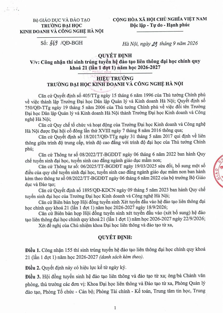 Quyết định v/v Công nhận thí sinh trúng tuyển hệ đào tạo liên thông đại học chính quy khoá 21 (lần 1 đợt 1) năm học 2026 – 2027 1