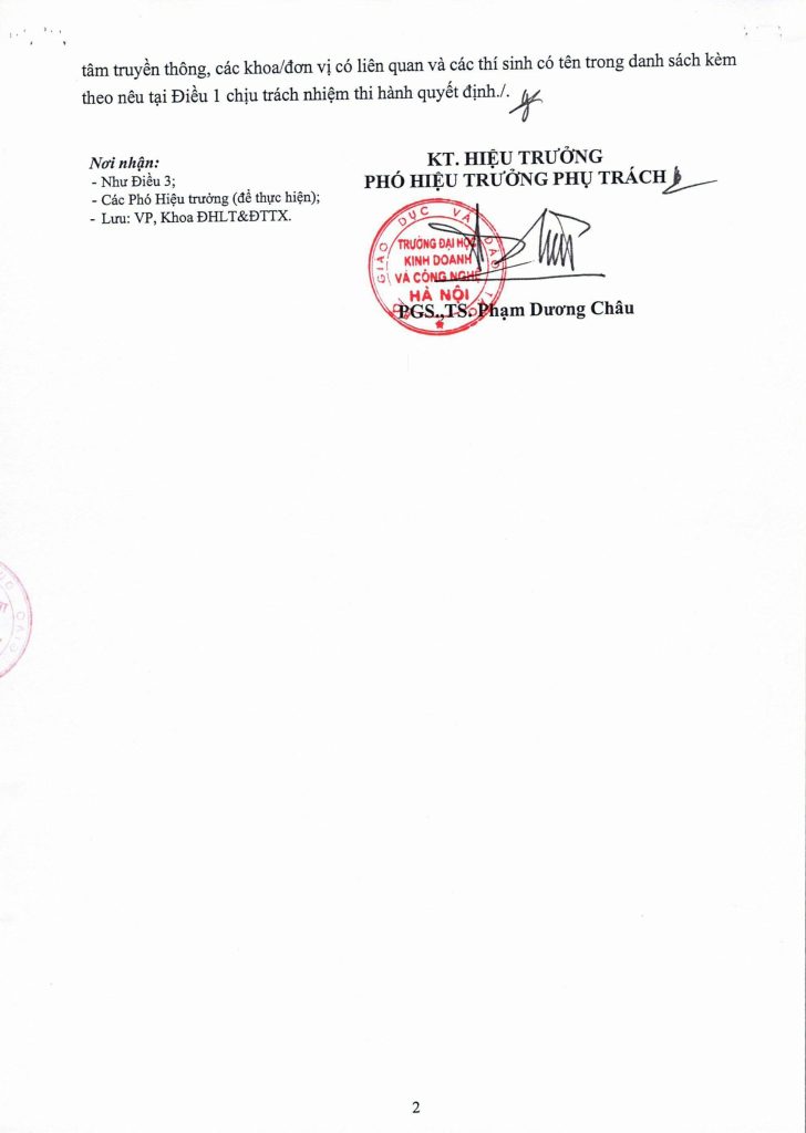 Quyết định v/v Công nhận thí sinh trúng tuyển hệ đào tạo liên thông đại học chính quy khoá 21 (lần 1 đợt 1) năm học 2026 – 2027 2